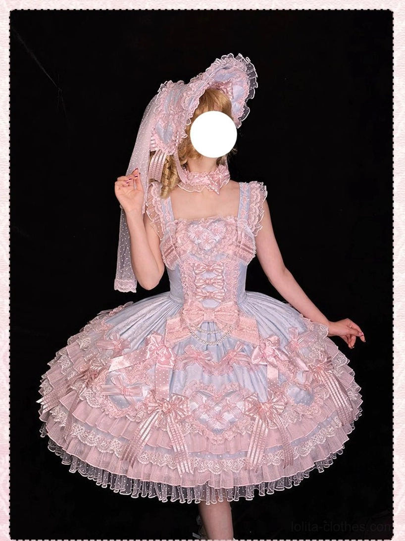 Pink-blue sweet lolita wedding JSK dress model full-body front pure black background heart-shaped bow decorations ruffled lace hem