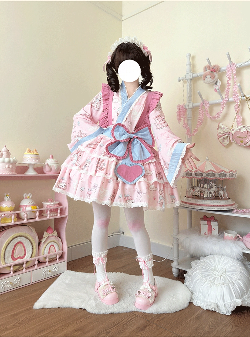 Pink and blue wa lolita dress set with moe bear prints, front full-body standing pose in pastel sweet bedroom, showing large heart-shaped waist bow, Japanese-style collar, and tiered ruffled skirt silhouette