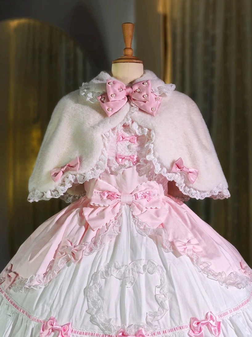 Big pink bow plush Lolita cape over layered ruffle pink-white sweet Lolita dress coordinate