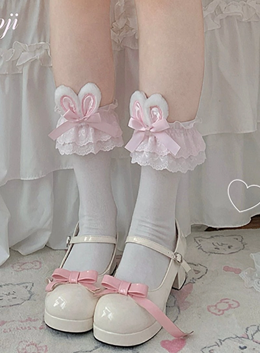Pink ear with pink lace bunny bow lolita short socks white cotton base cute sweet lolita accessories worn view