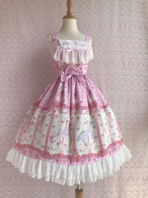pink-rose-carousel-lolita-jumper-skirt-front-view-double-layer-lace-neckline-waist-bow-carousel-print