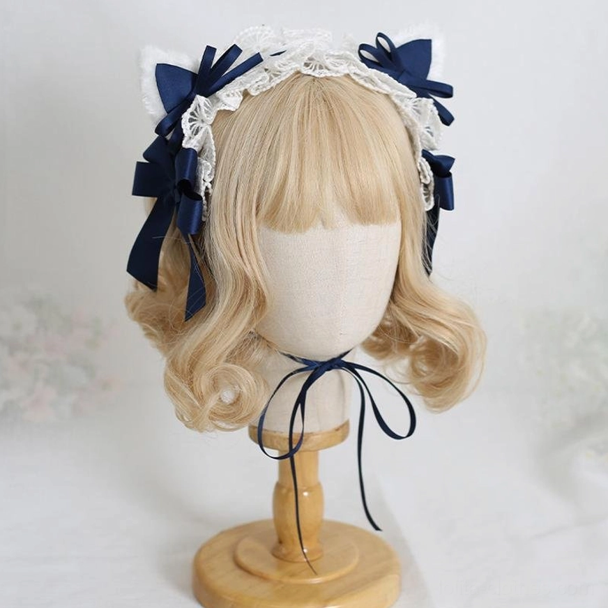pink cat ear sweet lolita headband with hanging pink chin strap side three-quarter angle white lace details wooden stand