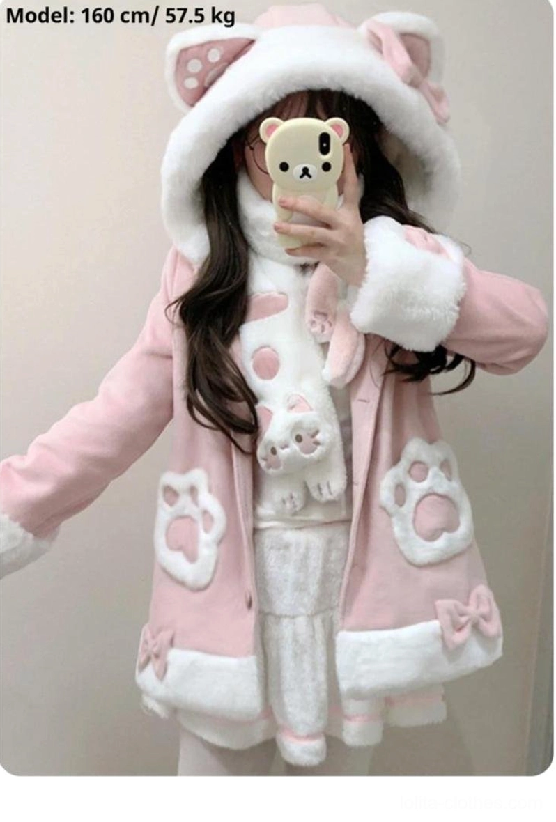 Pink pastel cat ear hooded kawaii lolita plush coat with white fuzzy trims and cat paw appliqué patches, half-body selfie indoor