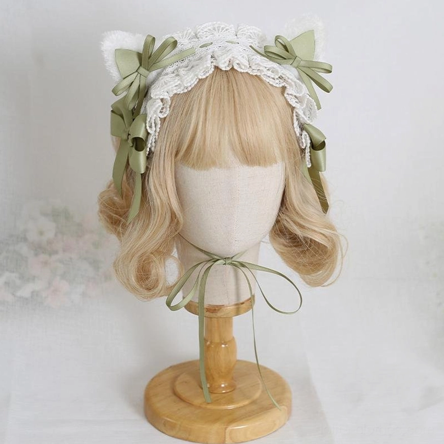 pink cat ear sweet lolita headband with matching pink satin bows chin strap white lace trim wooden stand front display