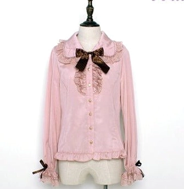 Pink Chocolate Heart Lolita long-sleeve blouse flat display on dress form with lace-trimmed Peter Pan collar checkered bow tie and ruffled cuffs