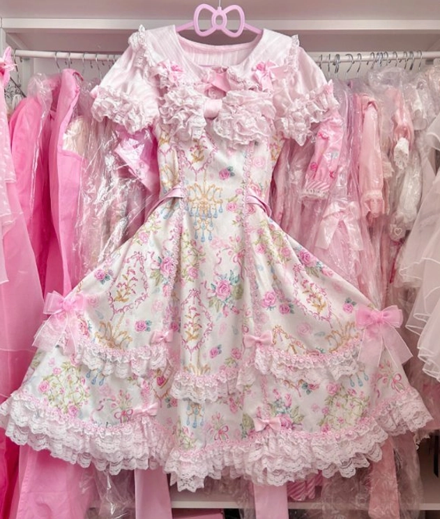 Pink cotton blouse only matching floral Lolita JSK dress for coordinated romantic garden fairy aesthetic look