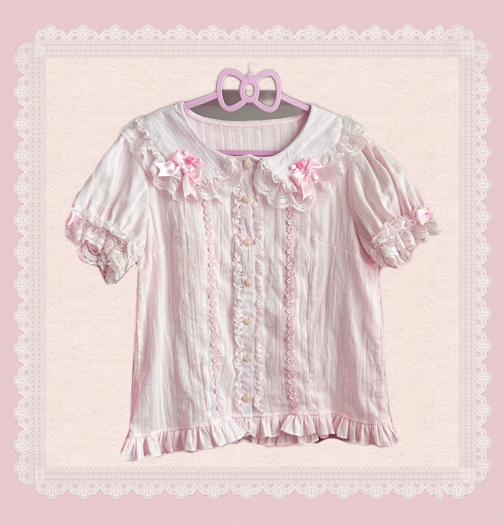 Pink cotton blouse variant in various sizes S M L, designed to coordinate with pink gingham old school Lolita JSK dress for classic vintage aesthetic