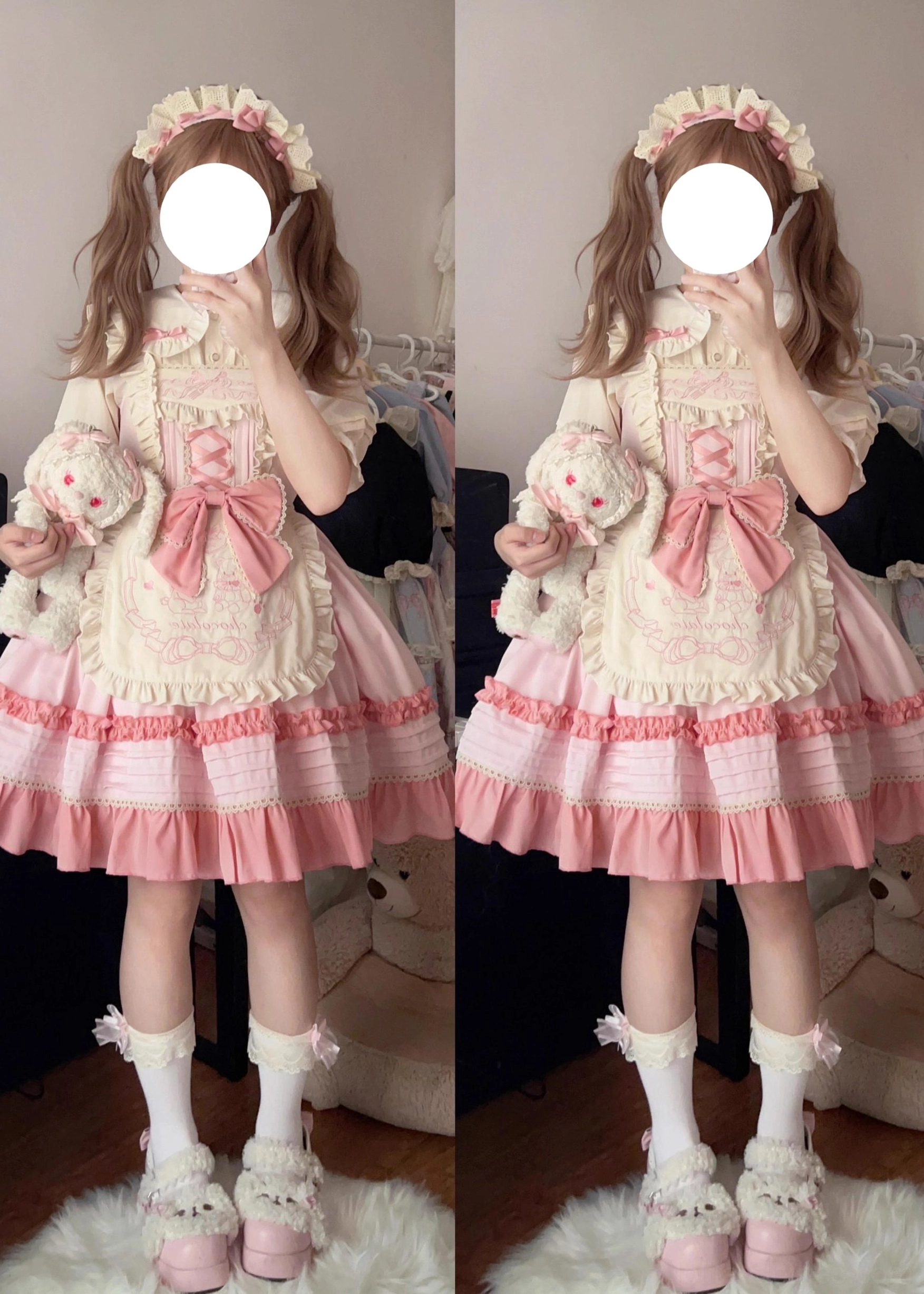 Pink and cream maid-style lolita JSK dress with large front bow, tiered skirt layers, coordinated with flower hair crown and plush toy bag