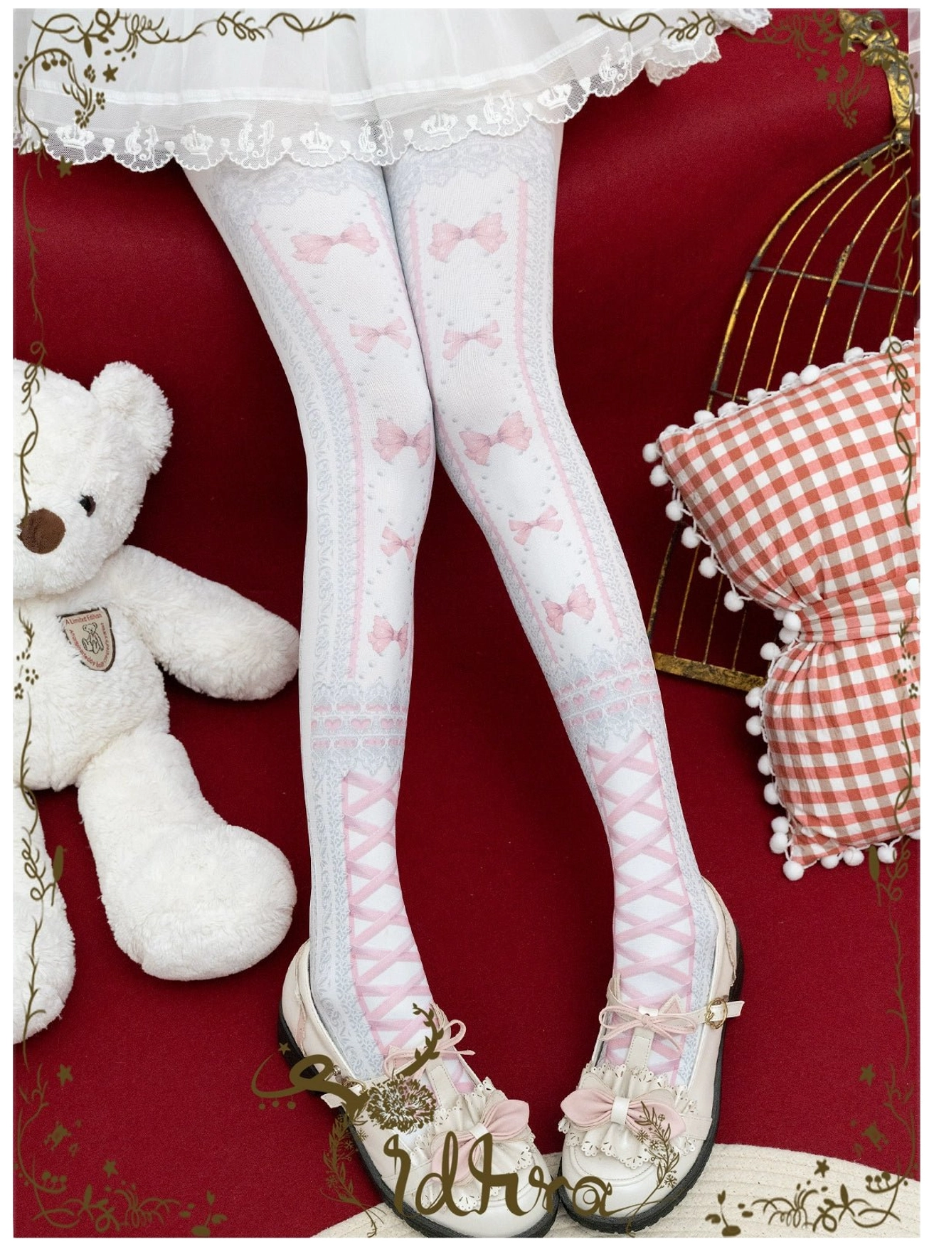Pink festive bow lolita pantyhose with white lace calf trim and pink cross-strap pattern regular version paired with white lolita skirt
