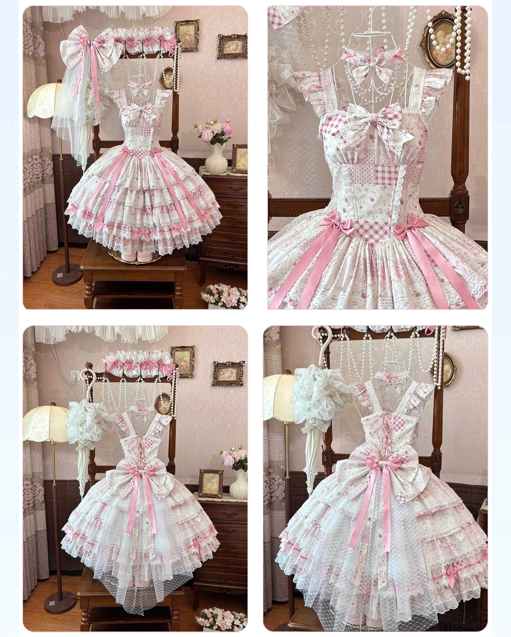 Collage detail shots of pink floral lolita JSK featuring front full-body, bodice close-up, back view and back bow details showcasing tiered ruffle hem and satin ribbons