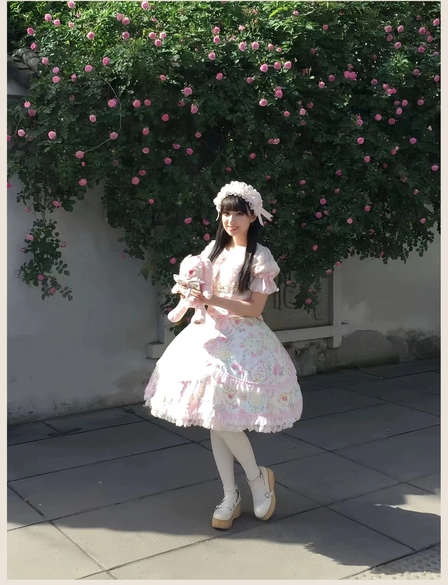 Pink floral Lolita JSK dress size comparison chart showing all available sizes from S to XL with detailed specifications