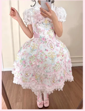 Pink floral sweet lolita dress styled with bell-shaped petticoat overhead mirror selfie back view model showing rounded full skirt silhouette