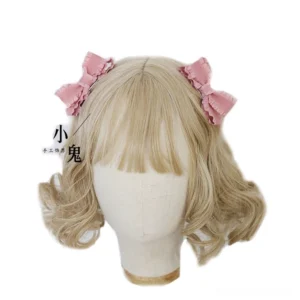 Pink frilled bow lolita ponytail hairclips front view on blonde wig mannequin double-layer ruffle design