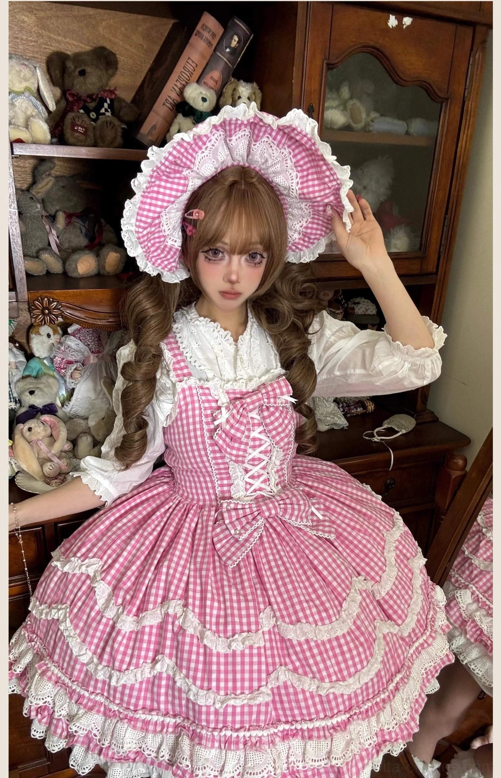 Old school Lolita JSK dress in pink gingham with removable bonnet accessory, showing how to style the matching headwear with the complete lolita coordinate setup