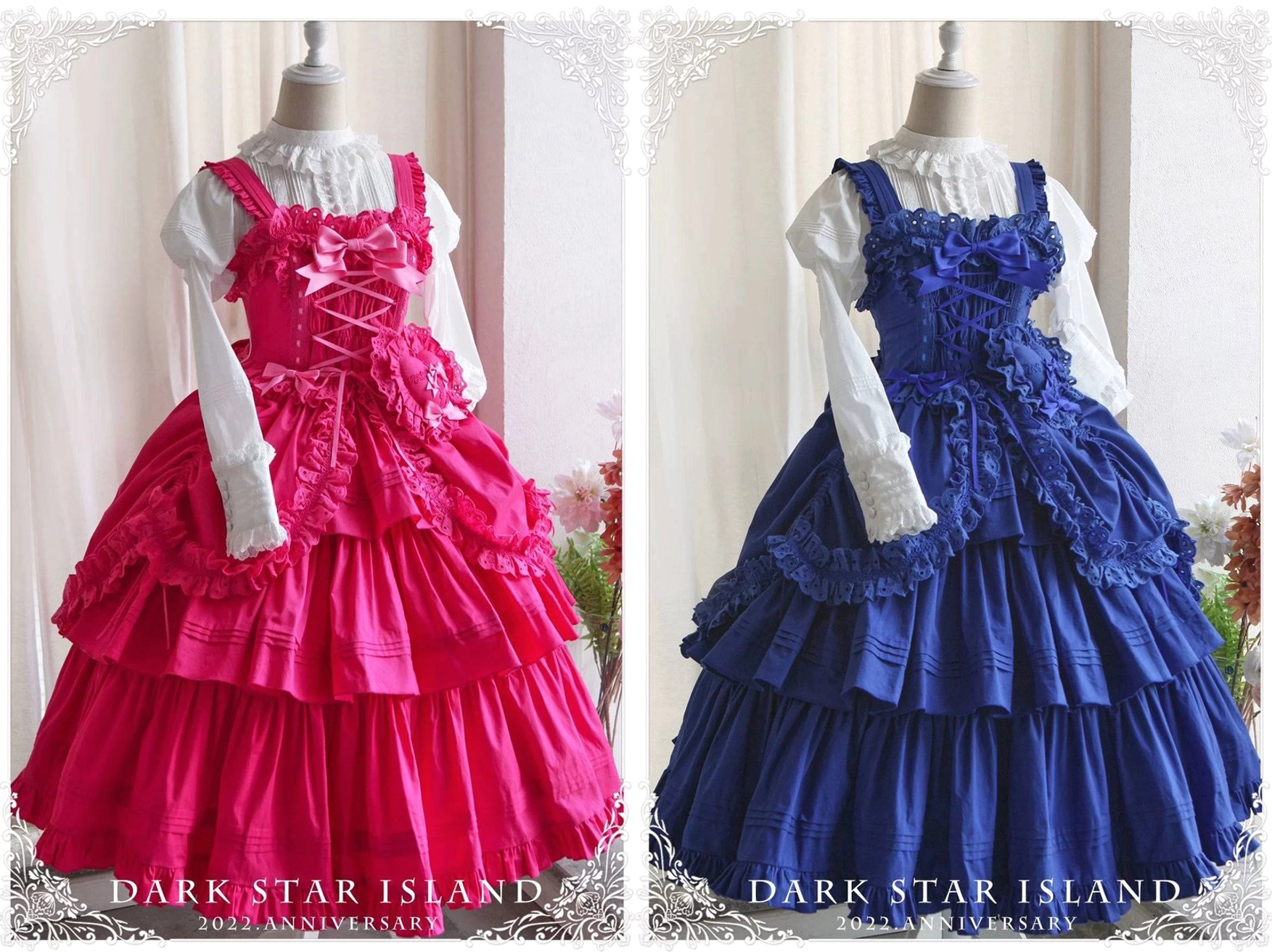 Front full-body mannequin shot of pink Gothic Lolita JSK with floral lace applique on bodice, tiered ruffled skirt, and soft pink satin fabric