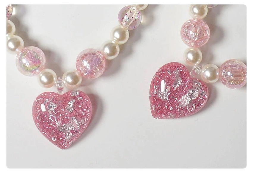 Pink heart glitter charm pearl choker necklace and matching beaded bracelet lolita jewelry set
