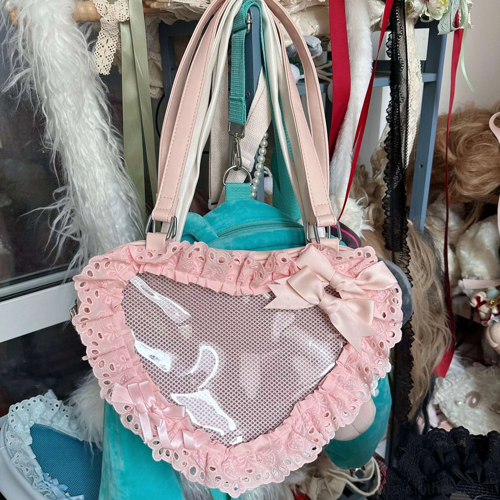 pink heart-shaped lace lolita tote bag product showcase with decorative lace ruffles and bow accents