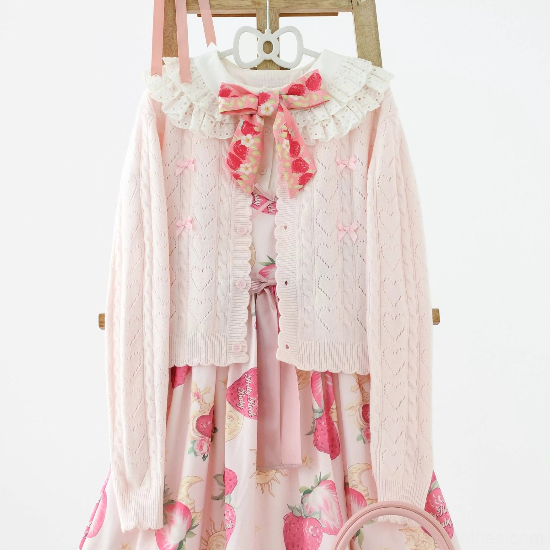 Pink hollow out long sleeve Lolita cardigan soft pastel shade, sweet Lolita feminine aesthetic