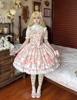 Pink Kawaii Lolita JSK dress with cute bear and dessert print design, featuring pleated skirt, big front bow, ruffled lace hem, and matching printed stockings, full-body front static pose
