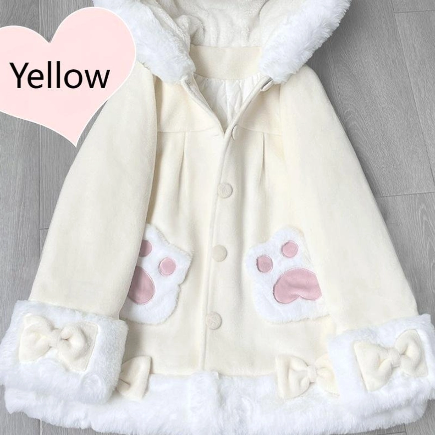 Pink kawaii lolita plush coat with cat ear hood and white fuzzy trims, showcasing premium melton cloth construction and faux fur lining