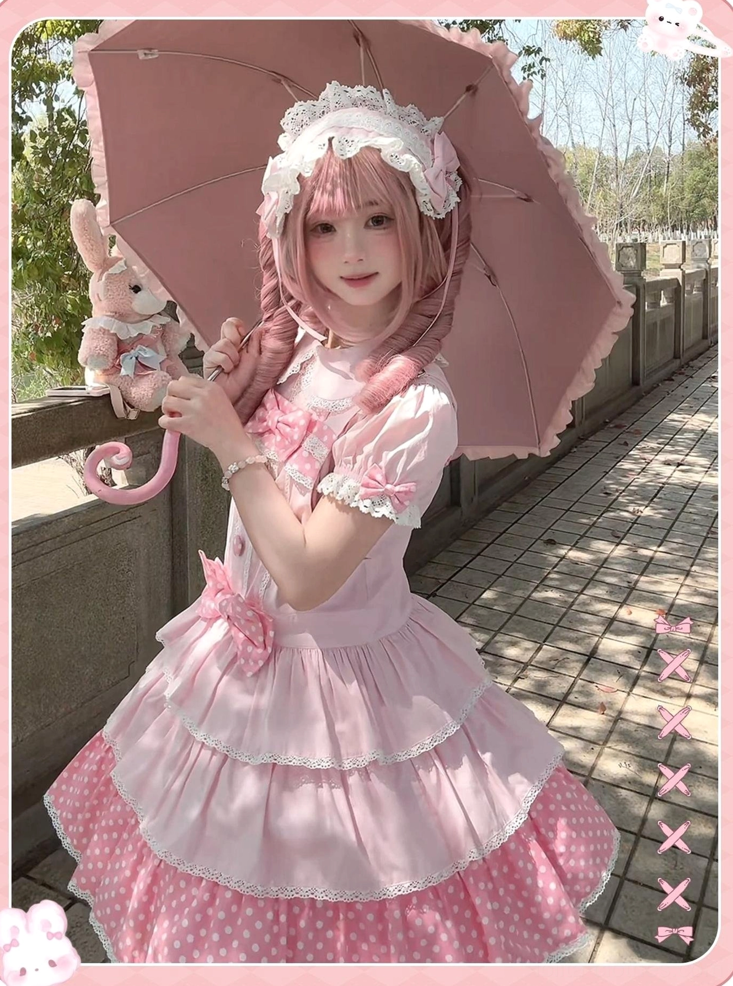 Pink kc headband built-in wire adjustable bow sweet lolita fashion styling view