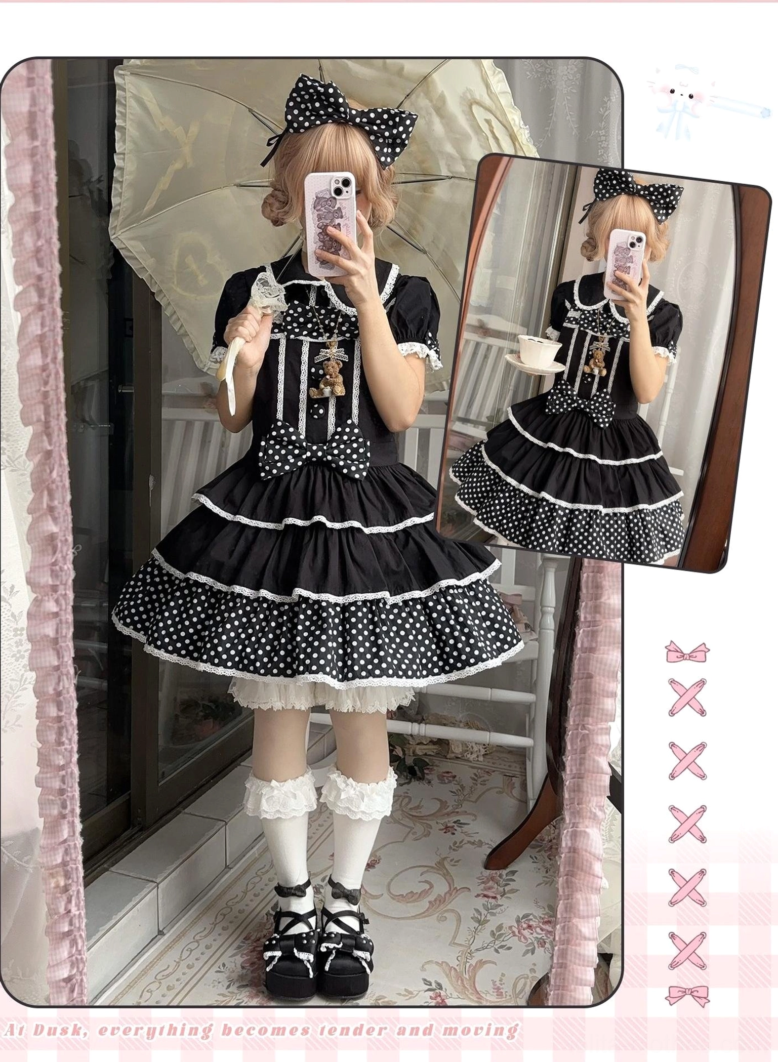 Pink kc headband with built-in wire adjustable bow sweet lolita fashion accessory detail view