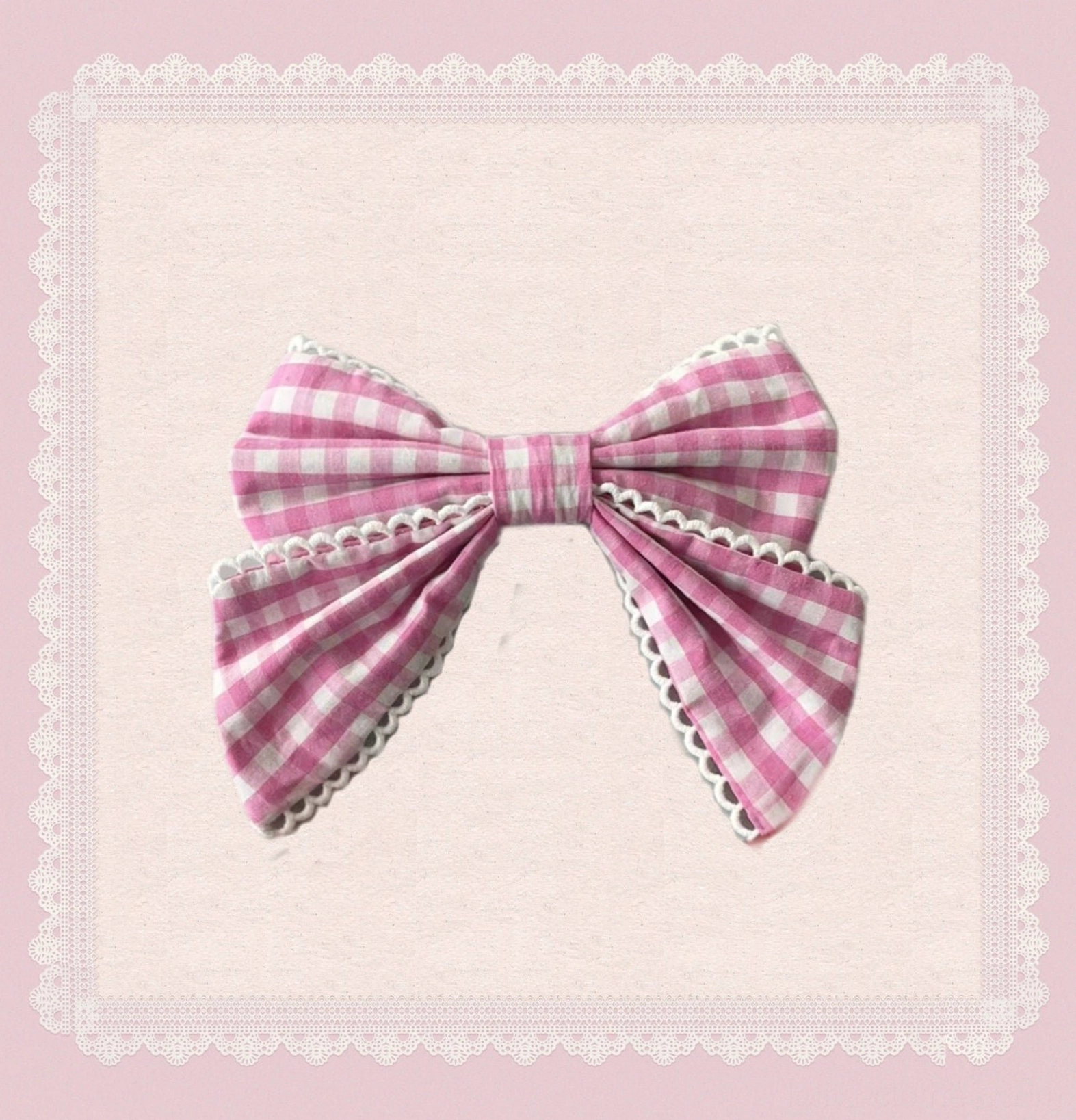 Pink large hair clip accessory matching pink gingham old school Lolita JSK dress, decorative bonnet and headwear coordination piece for complete lolita outfit