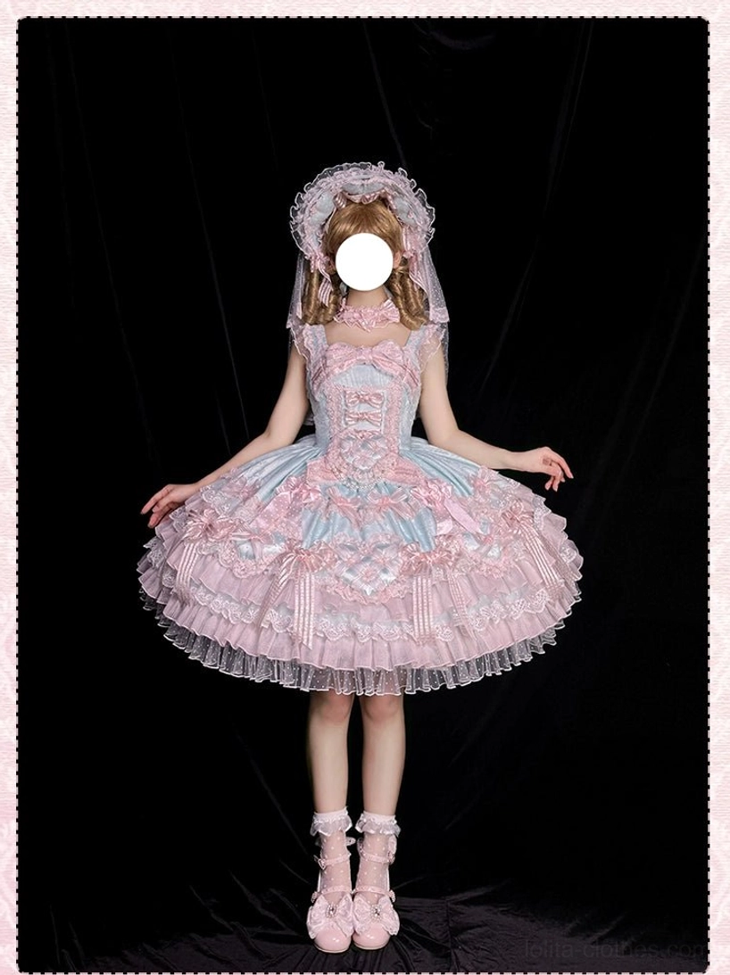 Pink and light blue color-blocked sweet lolita wedding JSK dress model front view black background bow embellishments layered ruffled lace