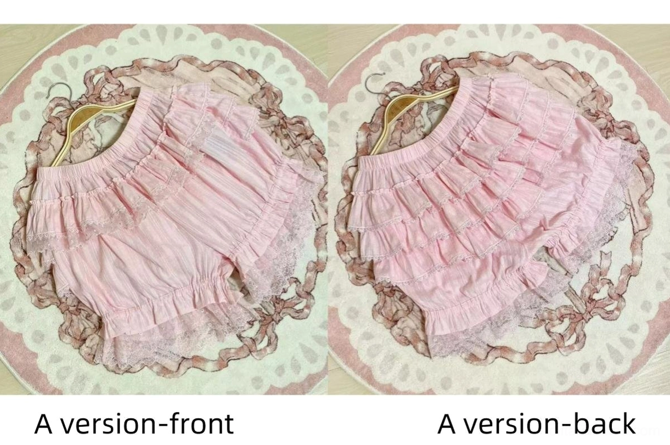 Pink lolita bloomers B version featuring enhanced ruffle layers and premium lace trim for elevated sweet lolita coordinate aesthetic