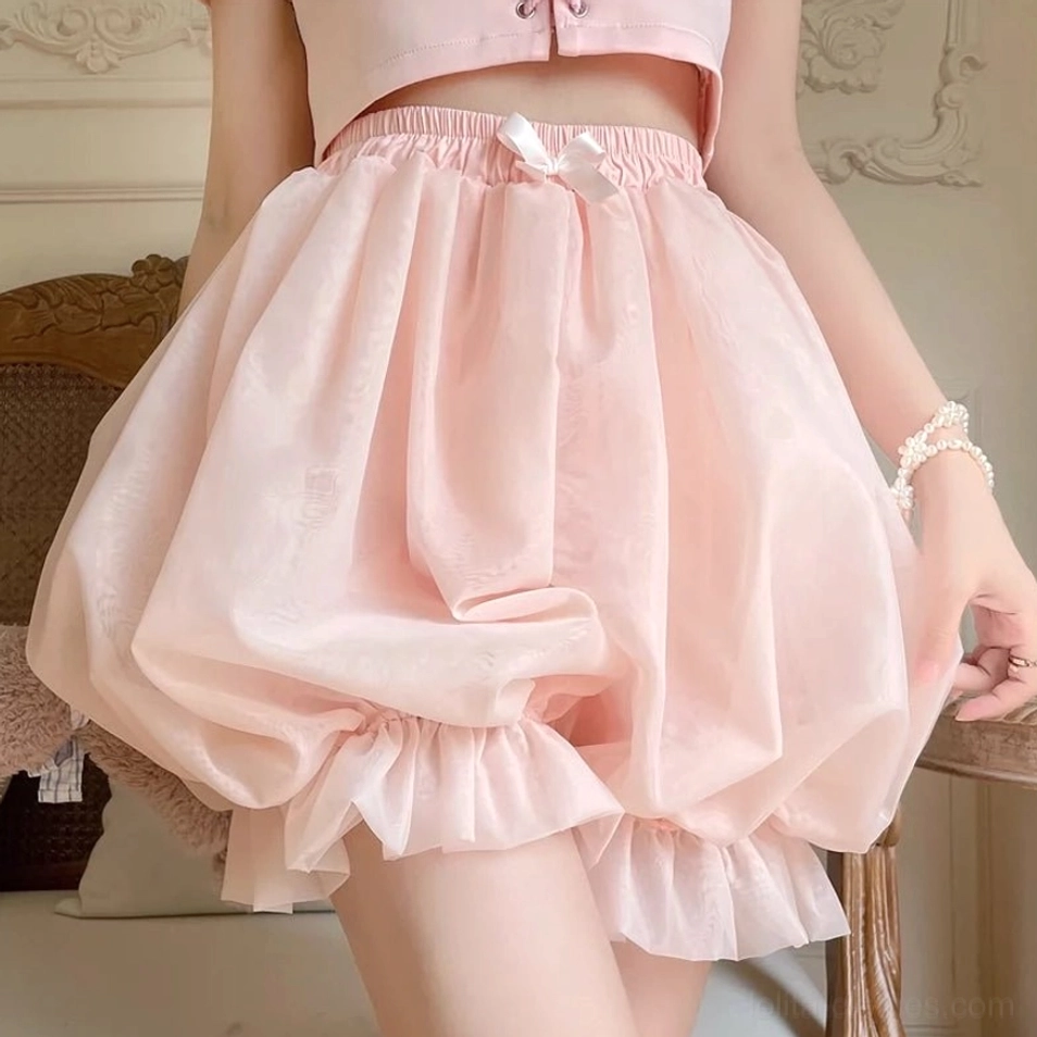 Pink organza lolita bloomers fabric detail close-up showing lustrous shimmer and delicate ethereal sheen of premium organza material