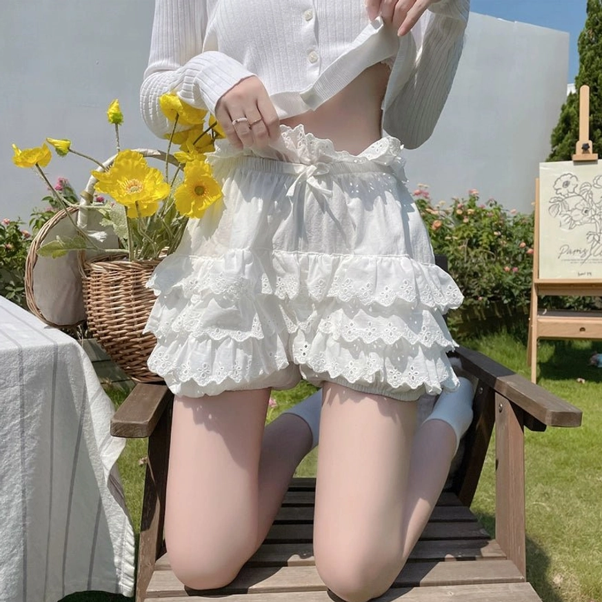 Pink Lolita bloomer shorts with pure cotton construction and tiered lace cake hem for authentic sweet Lolita styling