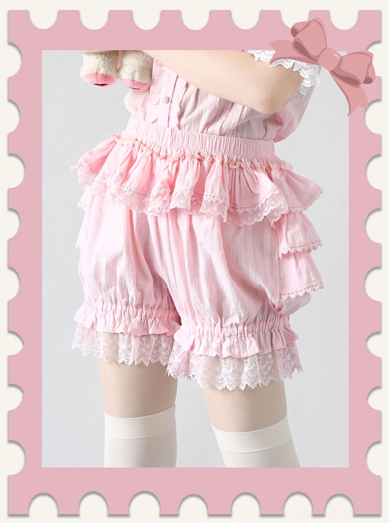 Pink lolita bloomer shorts side close-up in stamp-style frame featuring white thigh-high stockings, tiered ruffles, and delicate lace trim at leg openings for sweet lolita aesthetic