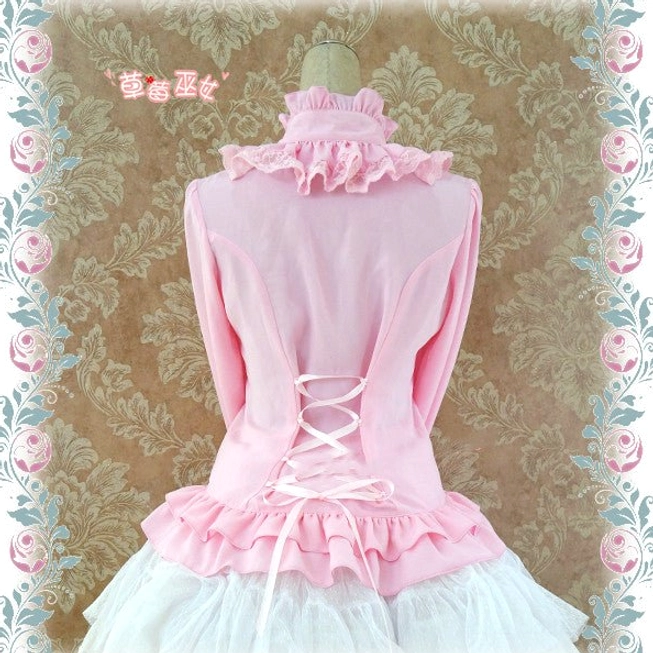 Pink Lolita stand collar blouse detailed back close-up showing intricate lace-up corset-style waist closure and ruffled collar