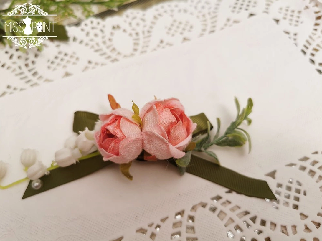 Pink lolita bow brooch romantic styling option with cream and pink artificial roses pearl accents and delicate satin ribbon detail