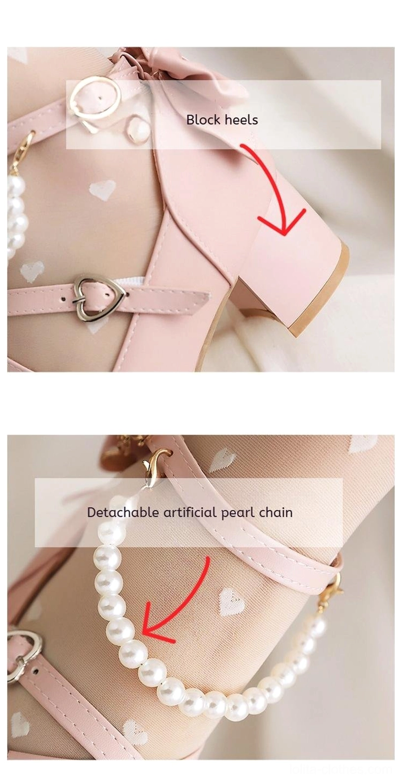 Side close-up flat lay detail of pink sweet lolita shoe heel and ankle strap area showing chunky block heel, heart-shaped buckle strap, bow knot ankle decoration, and heart print inner lining on white background