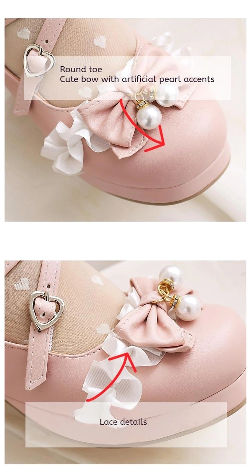 Close-up flat lay detail of pink sweet lolita shoe toe cap showing round toe shape, cute bow with artificial pearl accents, ruffle flower trim, and decorative embellishments on plain white background