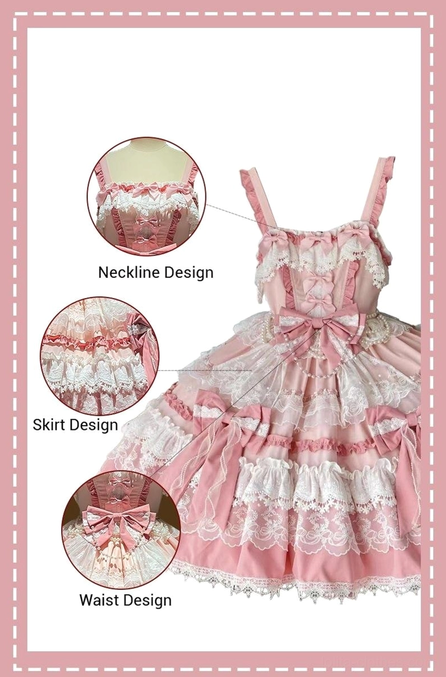 Care and maintenance guide for pink sweet lolita jumper dress showing proper washing temperature, hand washing method, air-drying technique, and storage tips