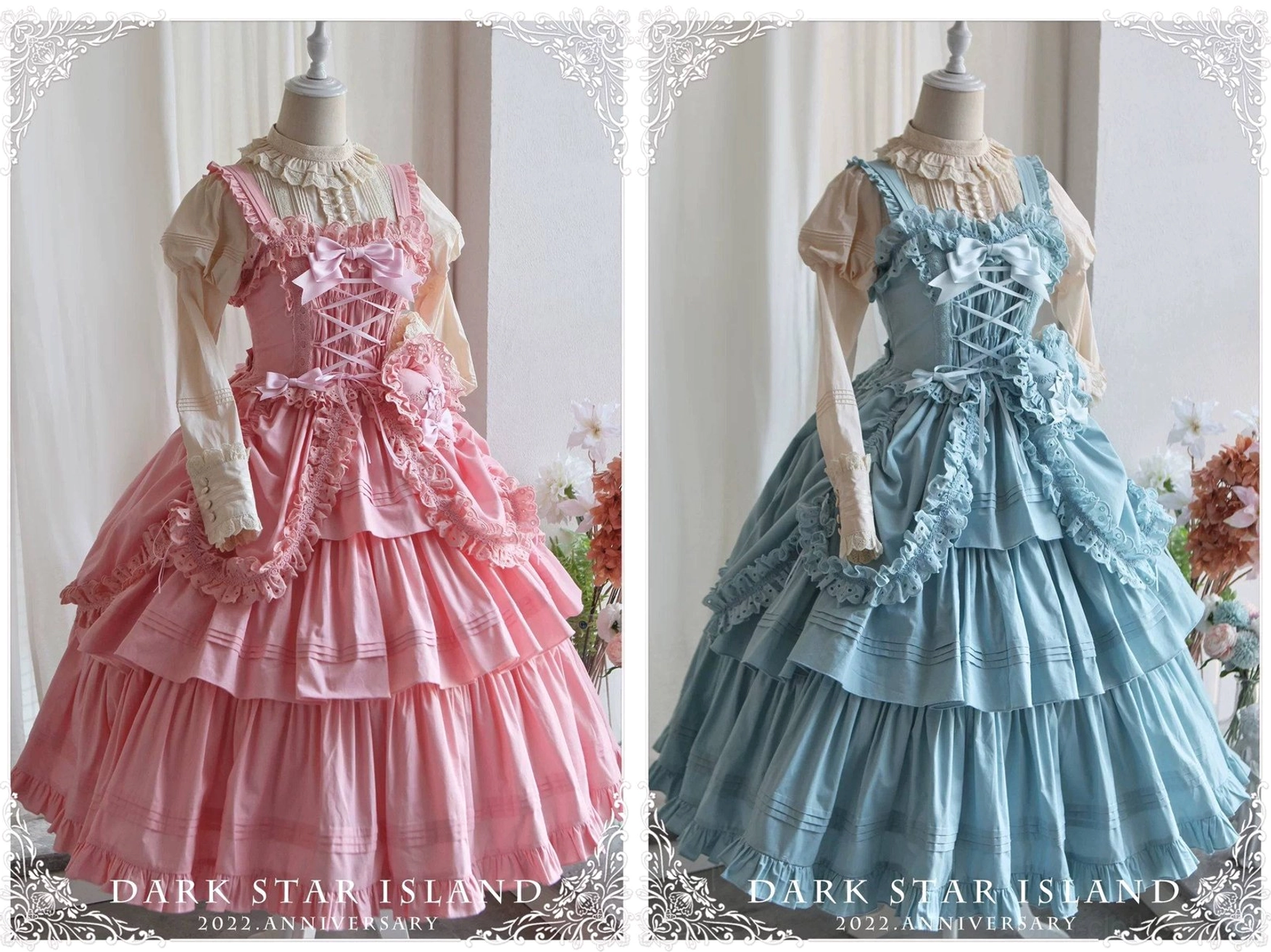 Three-quarter side view of pink Lolita JSK on mannequin showing built-in small handbag accessory, ruffled bodice, and fitted waist design