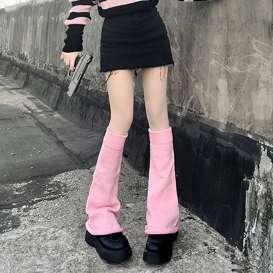Pink lolita leg warmers mid-calf loose fit knit sock one size free anti-slip transparent band included