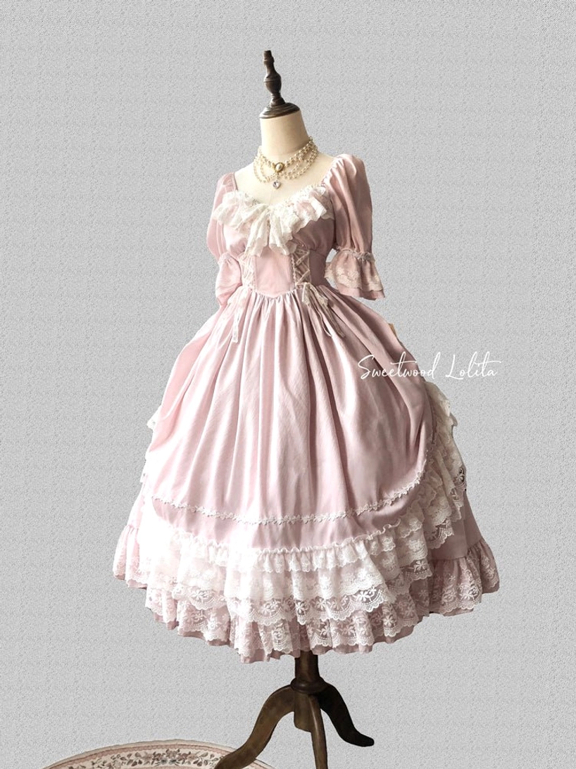 Pink French Lolita one-piece long dress showing romantic color with full-length elegant silhouette
