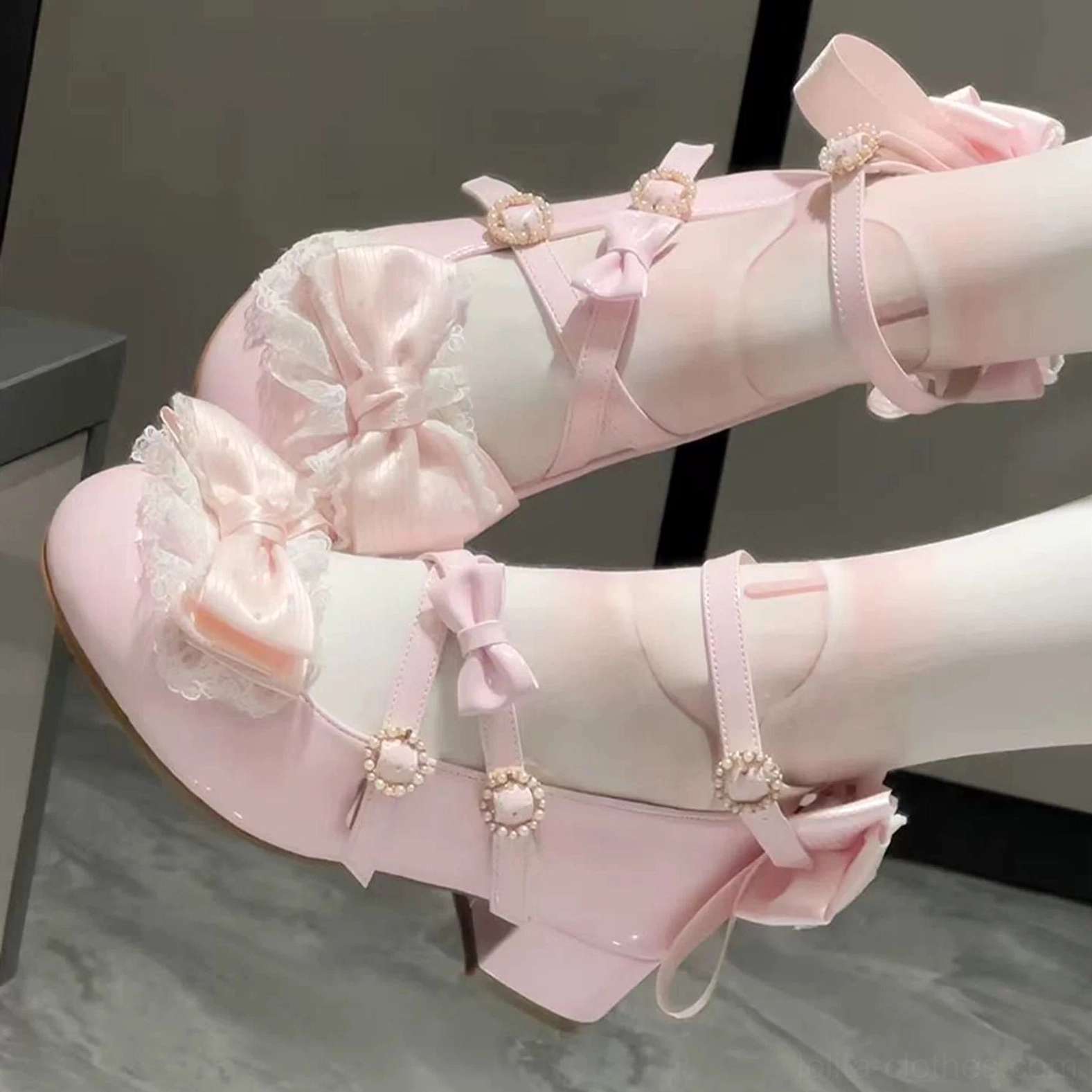 Pink Lolita Mary Jane shoes close-up detailed shots front and side perspectives large satin bow lace overlay gem flower buckle decorations adjustable ankle straps craftsmanship