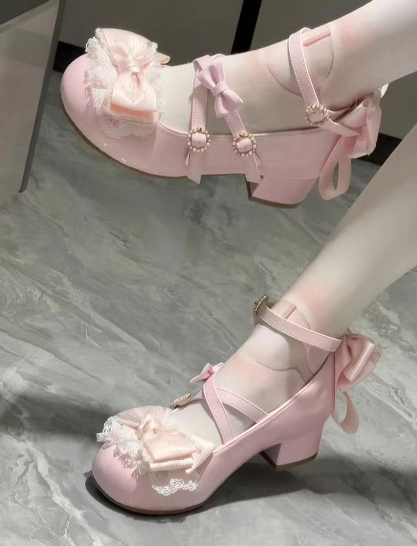 Pink glossy Lolita Mary Jane shoes multiple angles on-foot side views with white stockings ruffled satin toe bows cross ankle straps gem flower buckles block heel