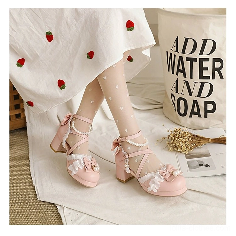 Pink Lolita sandals featuring round toe shallow mouth design with pearl-adorned butterfly lace bows comfortable chunky heel for sweet Lolita tea party outings