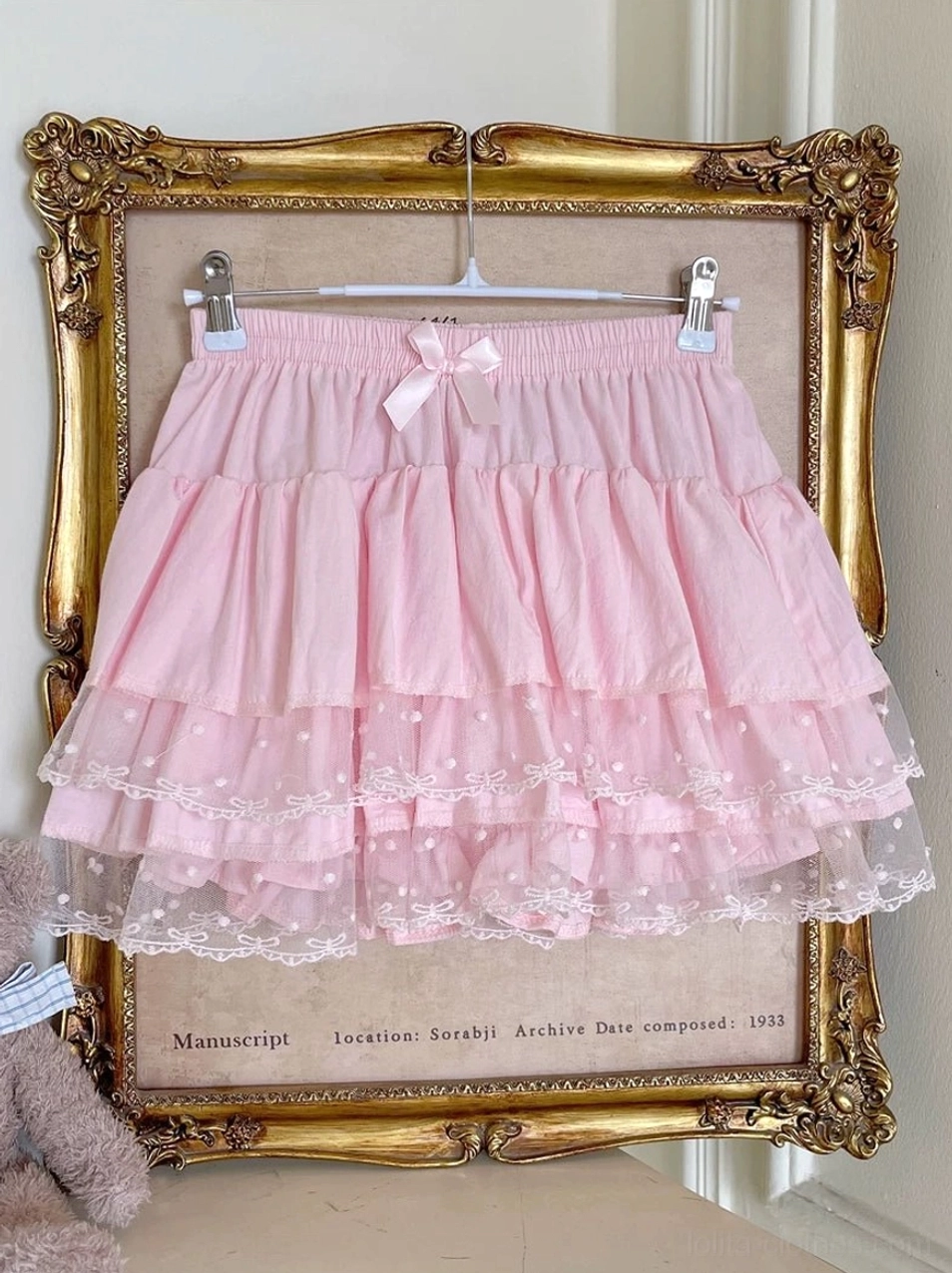 Pink Lolita tiered bloomers detailed close-up showing polka dot lace hem construction waist bow detail ruffle layering and premium cotton fabric quality for authentic Sweet Lolita fashion