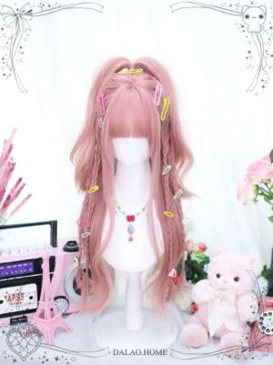 Pink Lolita wig styled in half-up half-down hairstyle with side braids and multiple colorful hair clips on mannequin, demonstrating versatile styling options for sweet Lolita coordinates with gemstone necklace