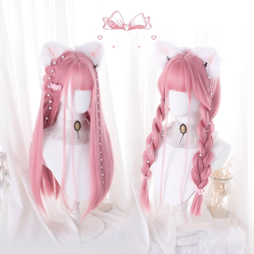 Pink lolita cosplay wigs displayed on two white mannequin heads showing side view and front three-quarter angle, featuring different styling options with straight hair and delicate bangs