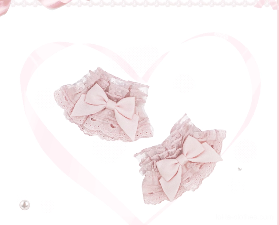 Pink wrist cuffs pair for vintage Lolita dress with delicate lace and embroidery trim