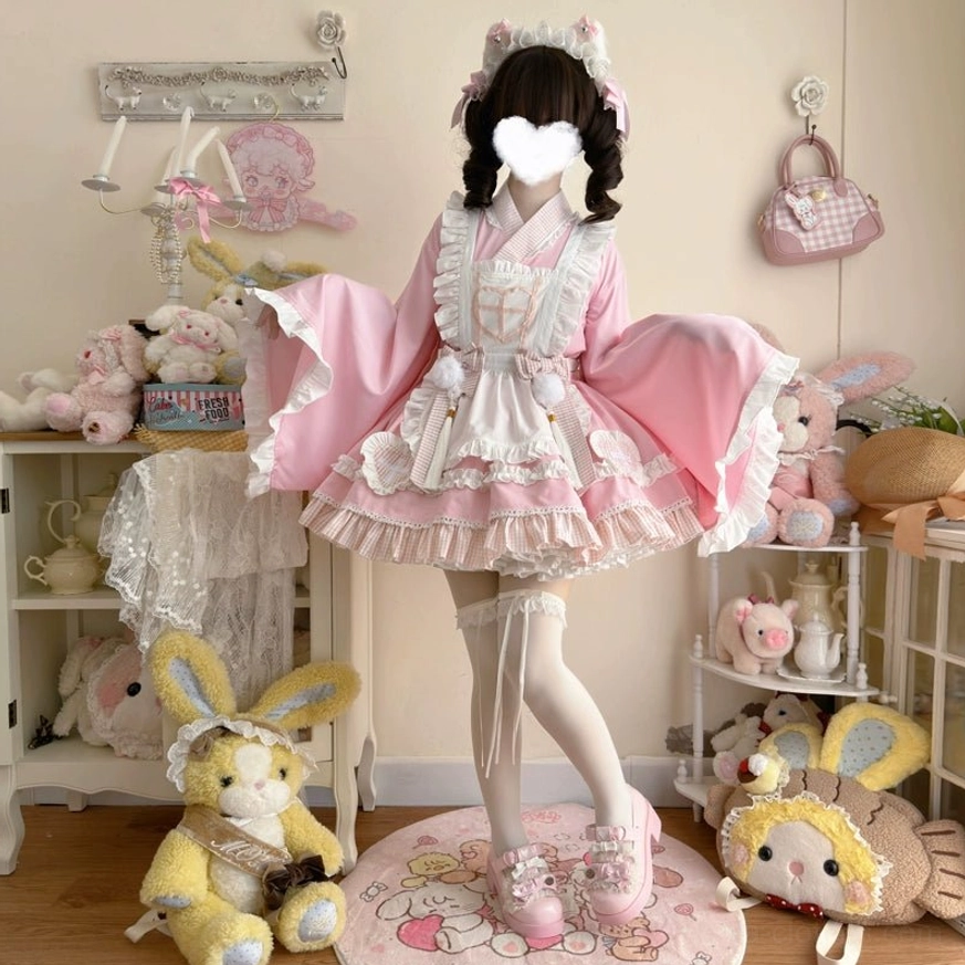Pink maid lolita nurse dress set mirror selfie full-body shot showing ruffled design matching hair accessory and white thigh-high stockings