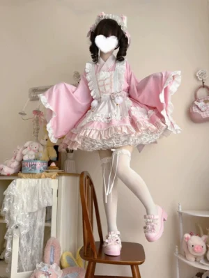 Pink maid lolita nurse dress set side profile sitting pose on wooden chair with white thigh-high stockings and pink leather loafers