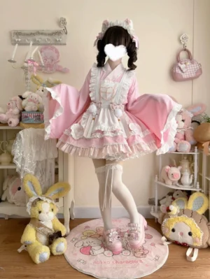Pink Sweet Meow maid lolita nurse dress set front full-body view with twin curly buns and cat ear hairband showing plaid collar and ruffled apron
